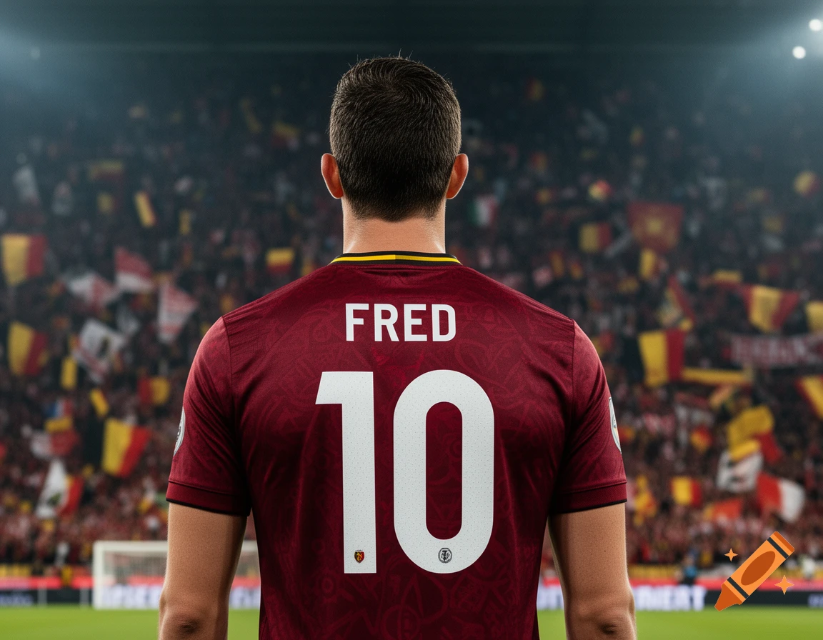 A photo from behind of a man wearing a red football jersey with 'FRED' and the number '10' on the back, facing a crowded stadium.