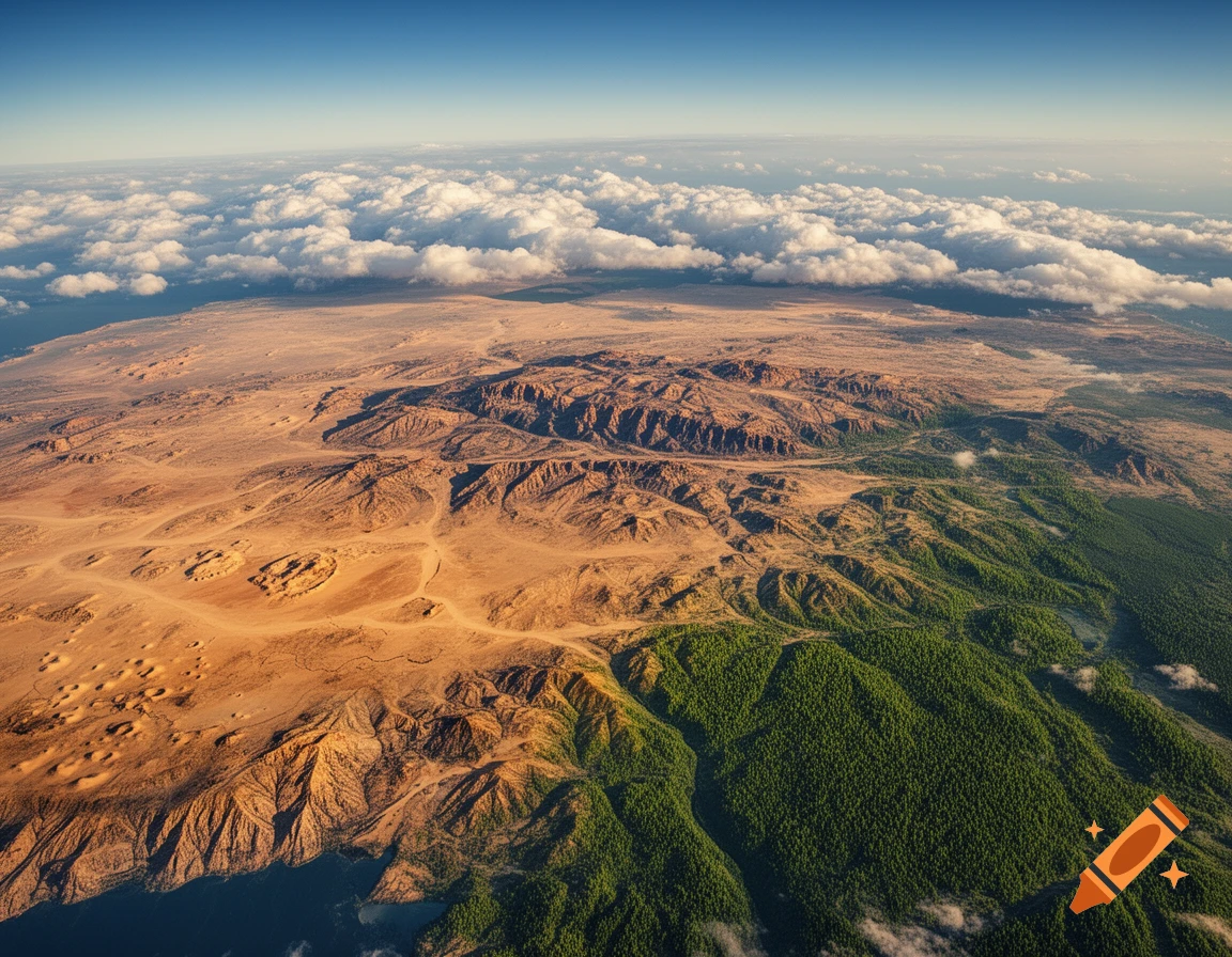 Aerial view of a diverse landscape featuring sandy deserts, rugged mountains, dense green forests, and a body of water under a clear blue sky.