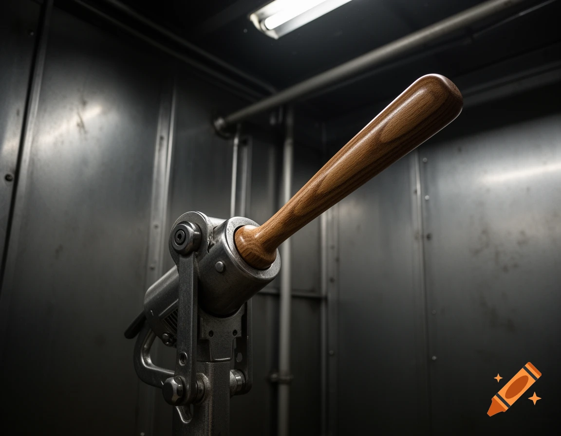 A close-up shot of a wooden baseball bat handle integrated into complex metallic industrial machinery, under a bright light.