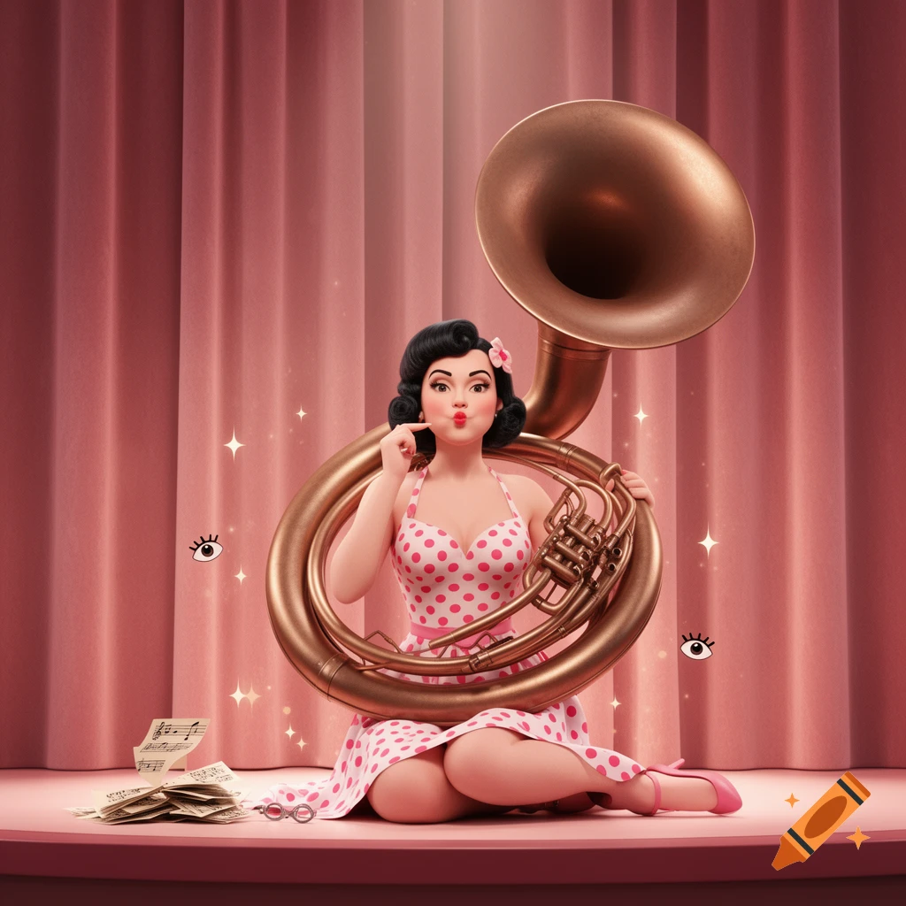 A 1950s pin-up woman in a pink polka-dot dress pouts while holding a large bronze sousaphone, surrounded by sheet music on a pink stage.