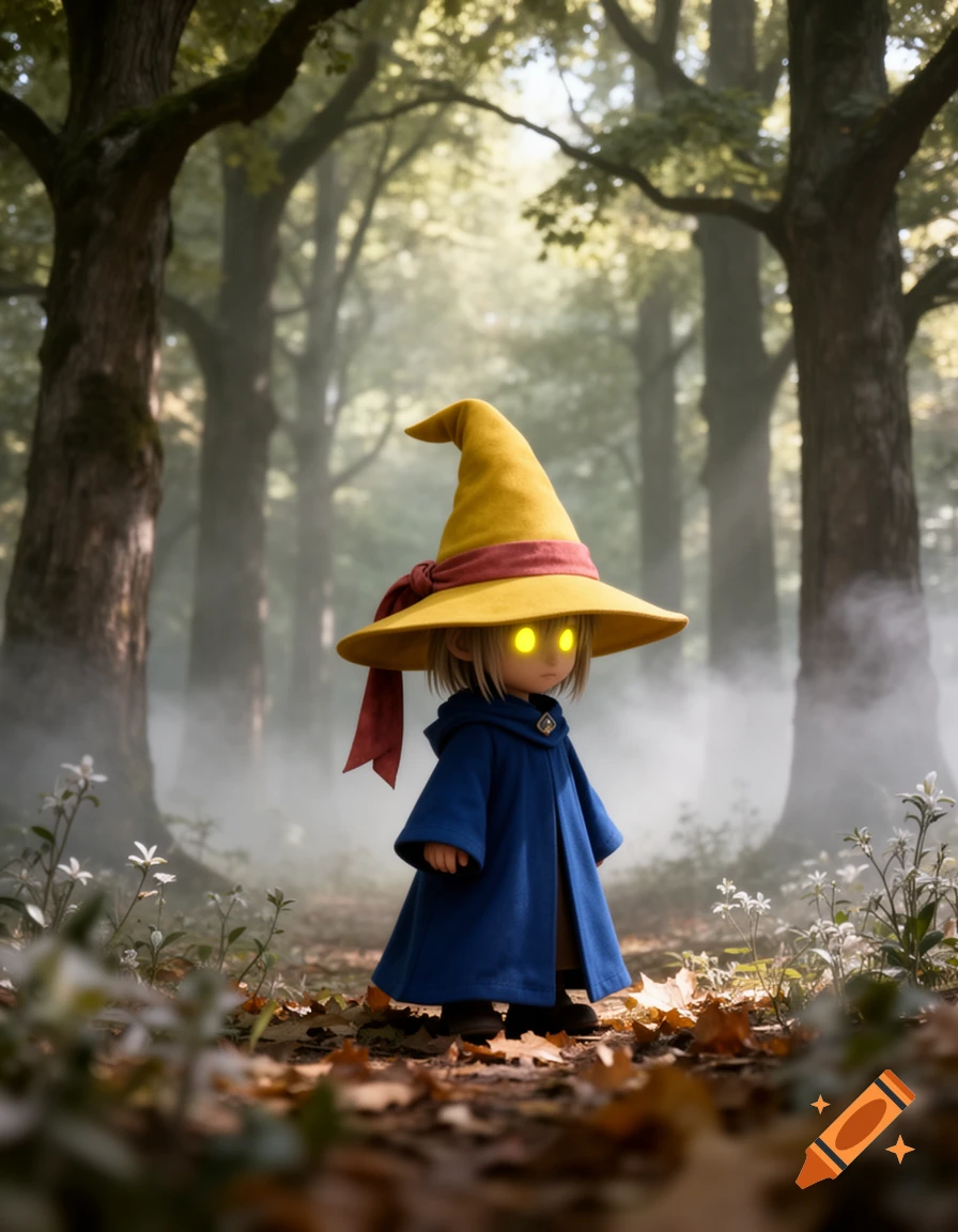 A small wizard-like figure in a blue cloak, yellow hat, and glowing eyes stands in a foggy forest with fallen leaves.