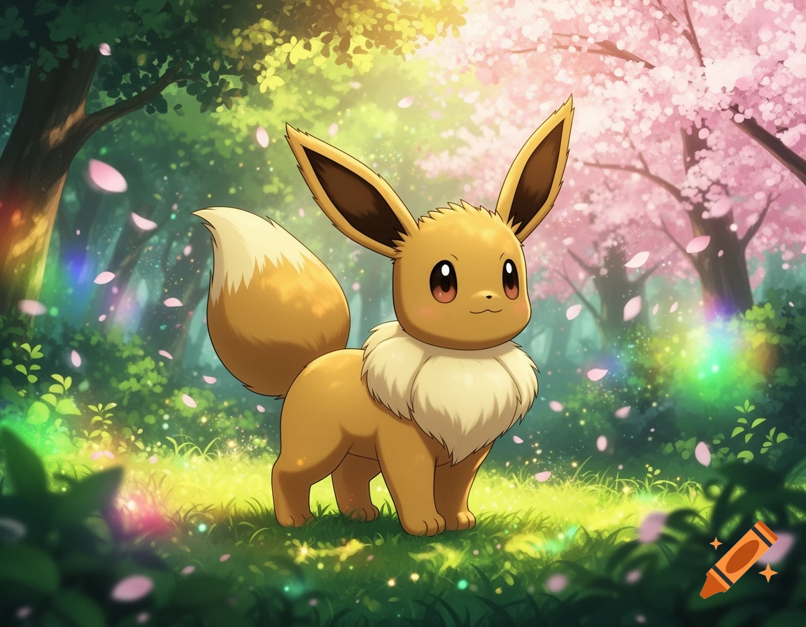 An adorable anime Eevee stands in a magical forest with pink cherry blossoms falling and sunbeams shining through the trees.