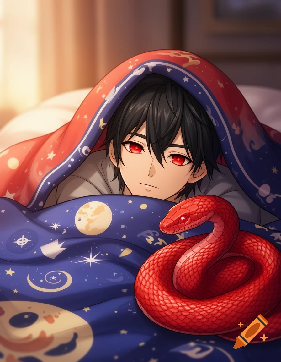 Anime boy with black hair and red eyes peeks from under a blue blanket with star patterns, next to a coiled red snake.