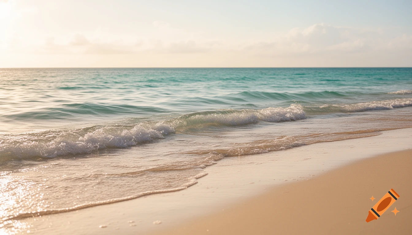 Gentle waves softly break on a sunlit sandy beach with a vast turquoise ocean under a clear sky.