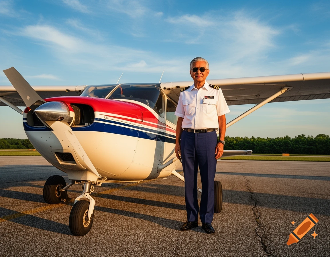 An older Chinese American man in a pilot uniform stands proudly next to his red, white, and blue single-engine airplane on an airfield at sunset.