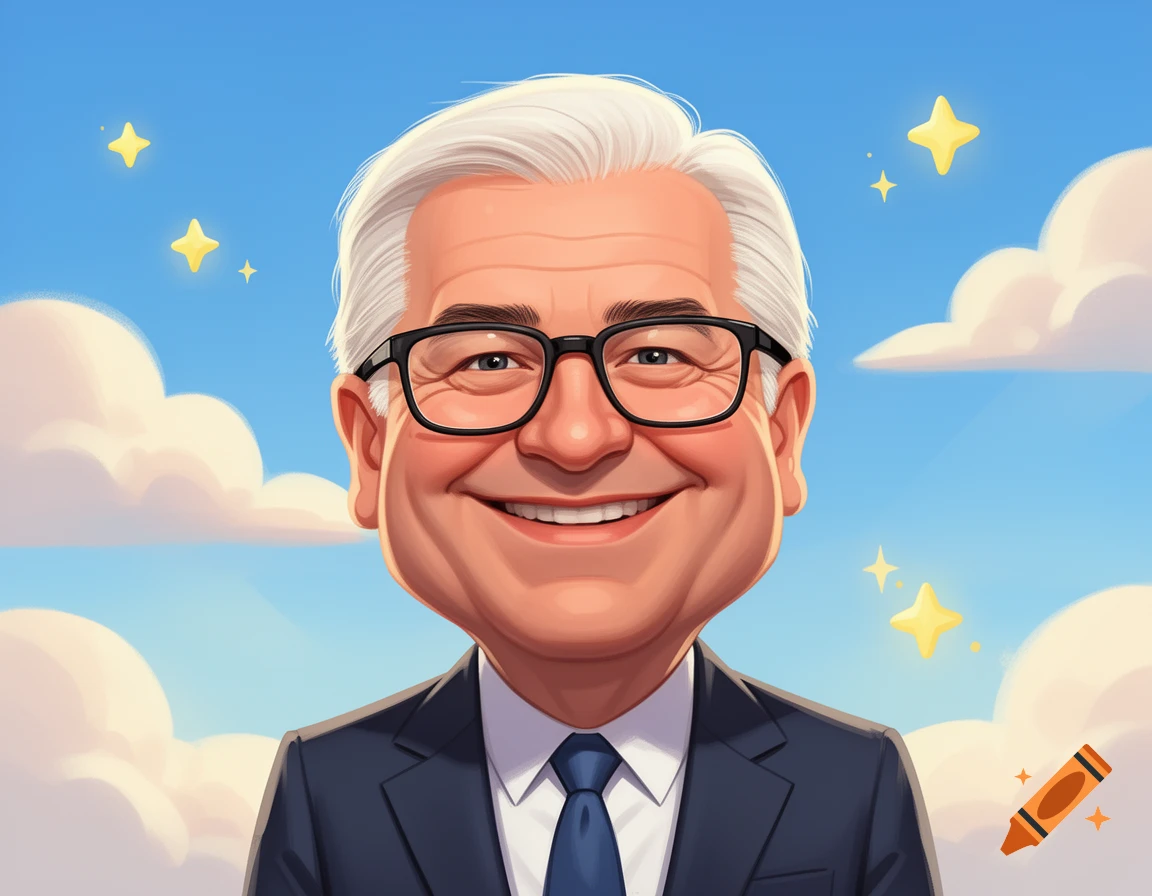 Smiling caricature of a man with white hair and glasses in a suit, against a blue sky with clouds and stars.