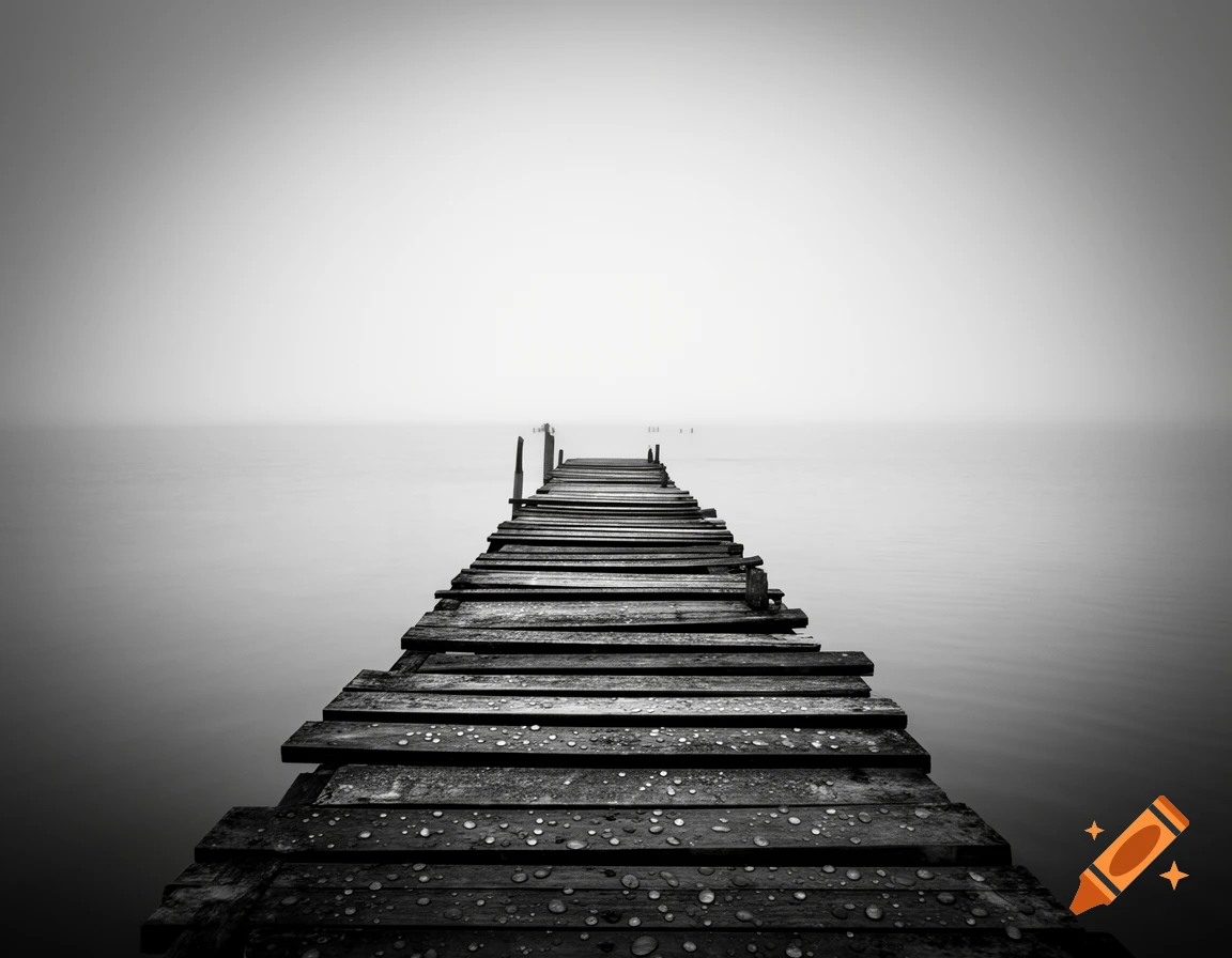 A long, weathered wooden pier extends into a misty, calm body of water in a black and white photograph.