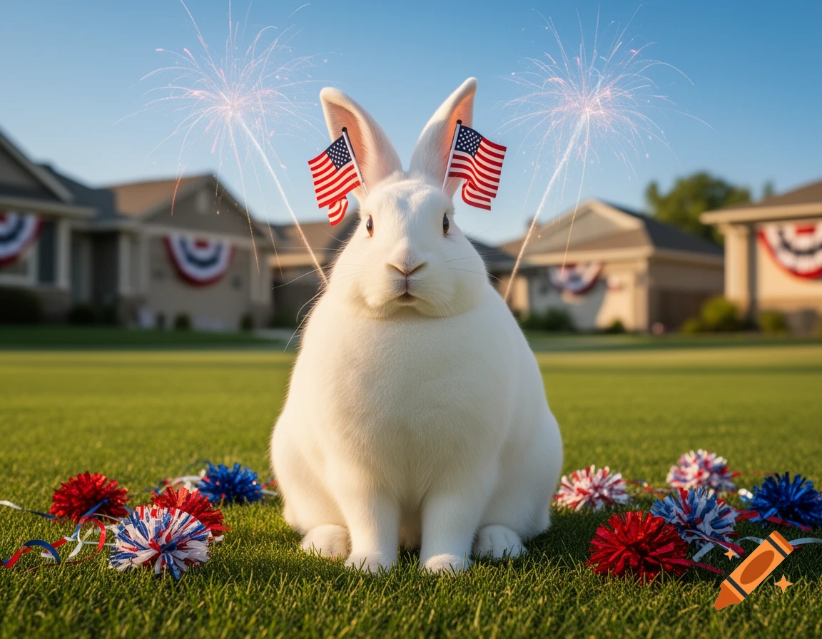 A fluffy white rabbit sits in a grassy yard, adorned with American flags on its ears and surrounded by fireworks and Fourth of July decorations.