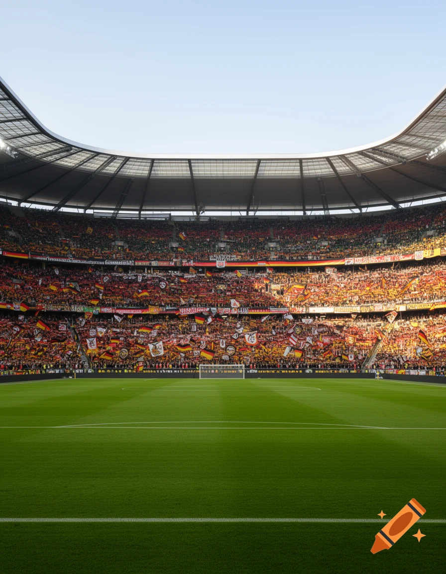 Photorealistic image of a football stadium with stands full of cheering fans waving German flags, seen from the empty pitch.