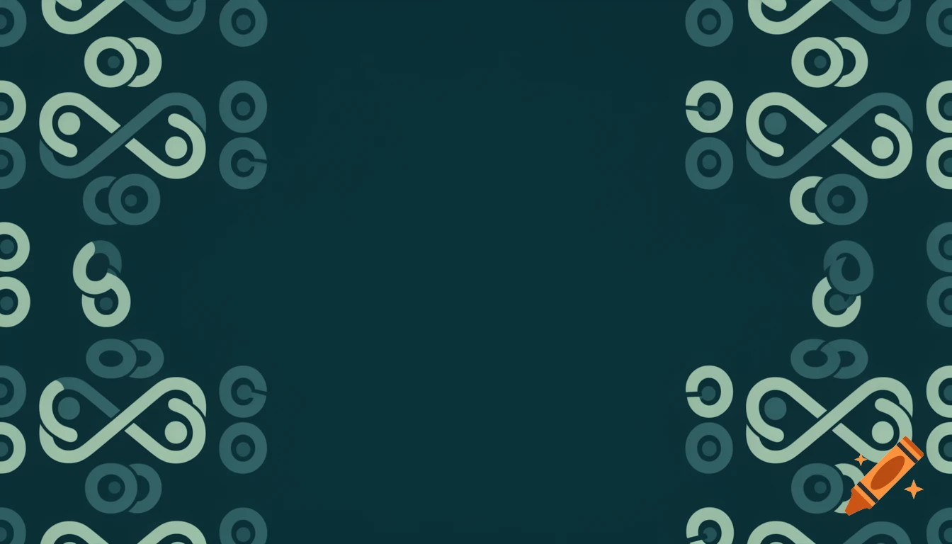 Abstract deep teal background with repeating stylized 'S' shapes and circular motifs in muted mint and soft sage.