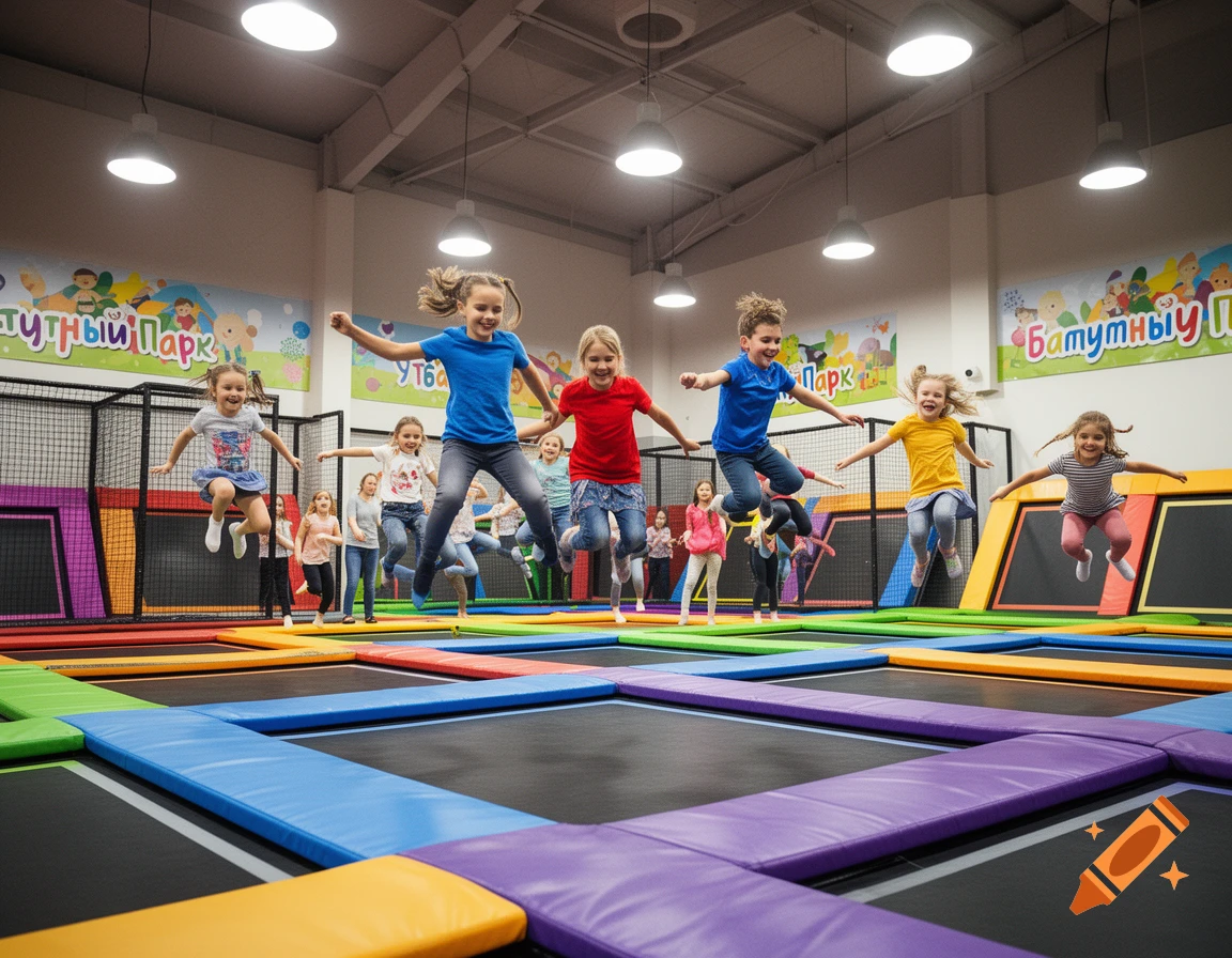 Happy children jump high on colorful trampolines in an indoor park, captured in a photorealistic style.