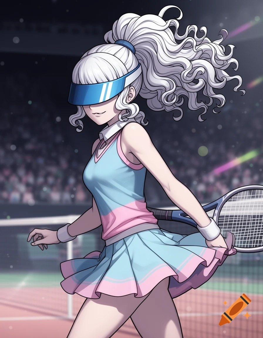 Anime girl with curly white hair, a blue visor, and a pastel blue and pink tennis outfit on a tennis court.