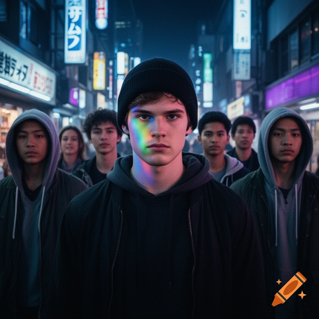 A group of young people in hoodies stand on a neon-lit street in a Neo-Tokyo setting, with a rainbow reflection on the main subject's face.