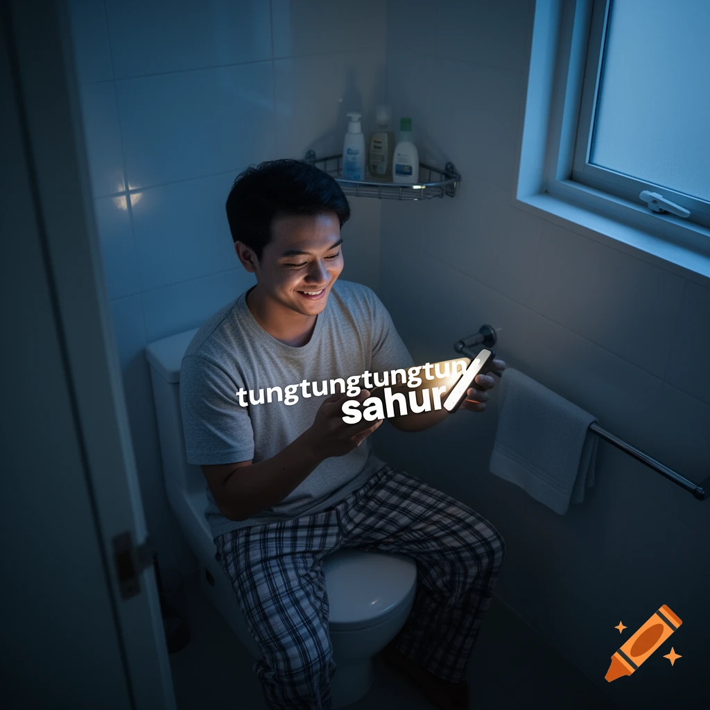 A smiling man in pajamas sits on a toilet in a dark bathroom, illuminated by his glowing phone displaying 'tungtungtung sahur'.
