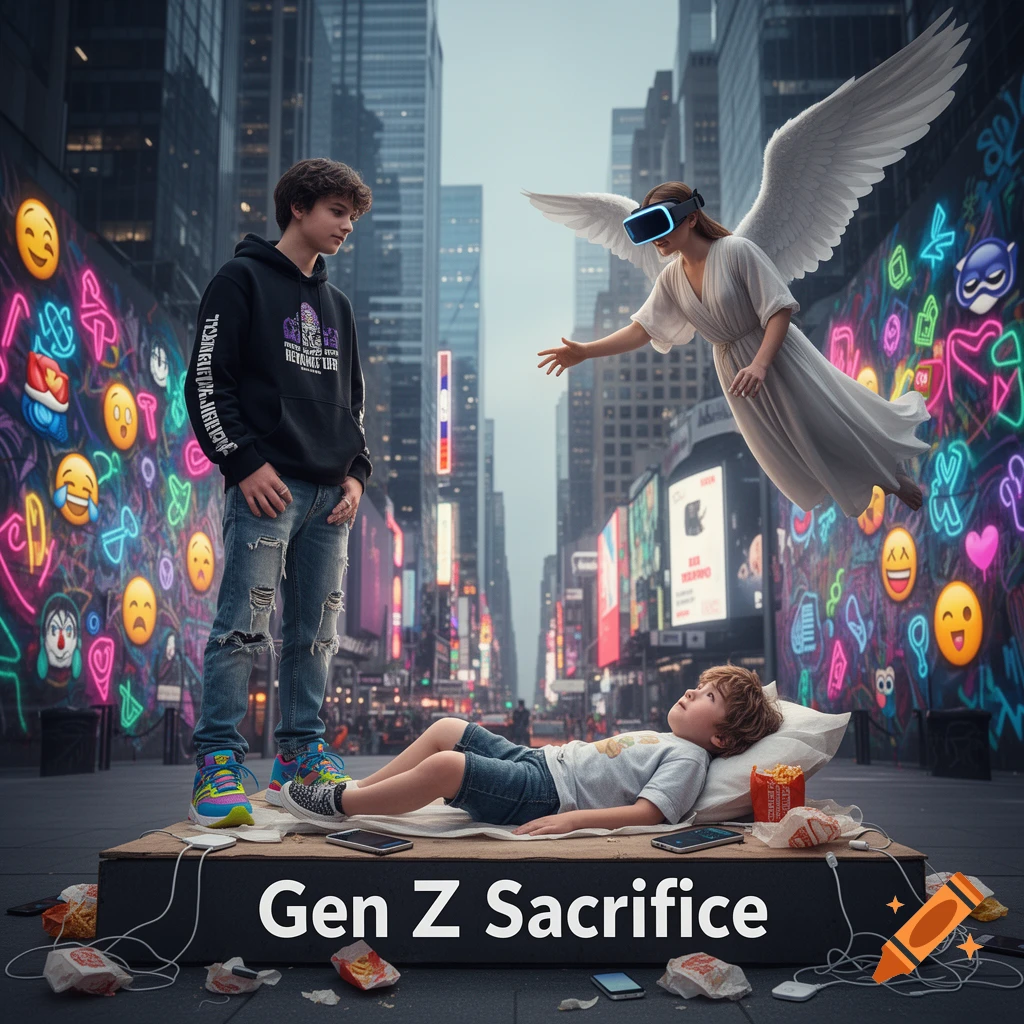 A young man stands on a platform overlooking a boy lying down with fast food and phones, while a winged woman in a VR headset floats nearby. Neon emoji signs fill the urban background. Text reads 'Gen Z Sacrifice'.