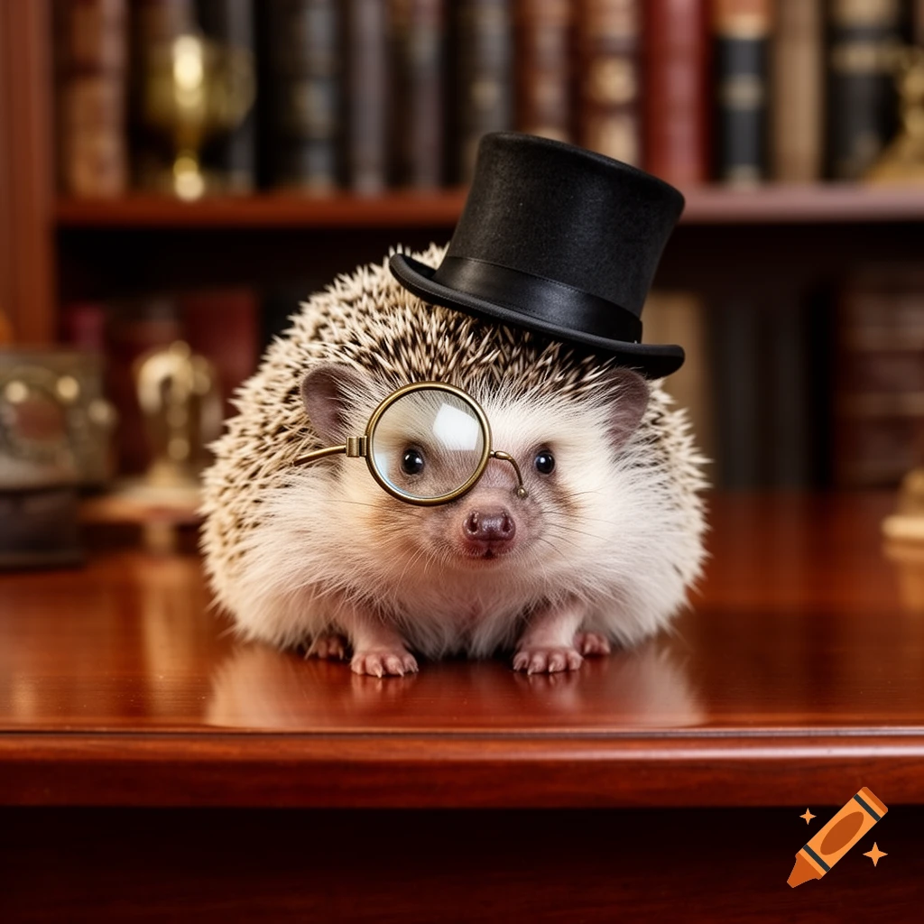 A photorealistic pygmy hedgehog wearing a black top hat and a gold monocle sits on a wooden desk with a blurry bookshelf background.