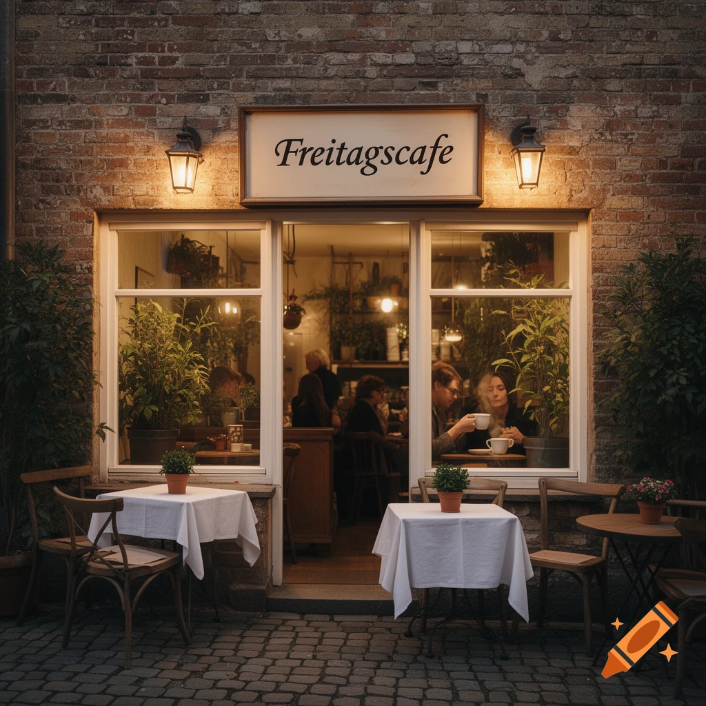 Photorealistic cafe exterior at dusk, "Freitagscafe" on sign, warm light, people inside, outdoor tables on cobblestone.