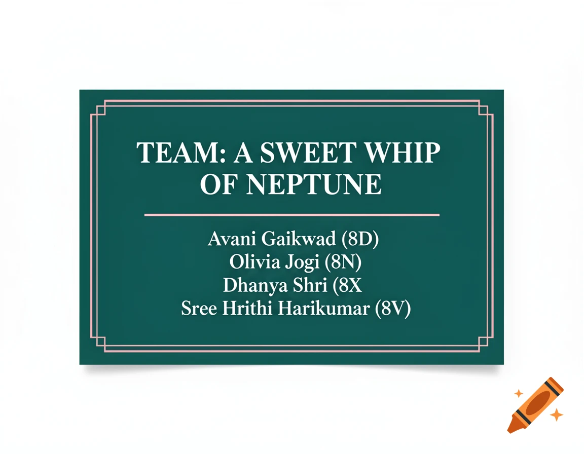 A deep green graphic table card with a pink border, featuring the text 'TEAM: A SWEET WHIP OF NEPTUNE' and a list of names.