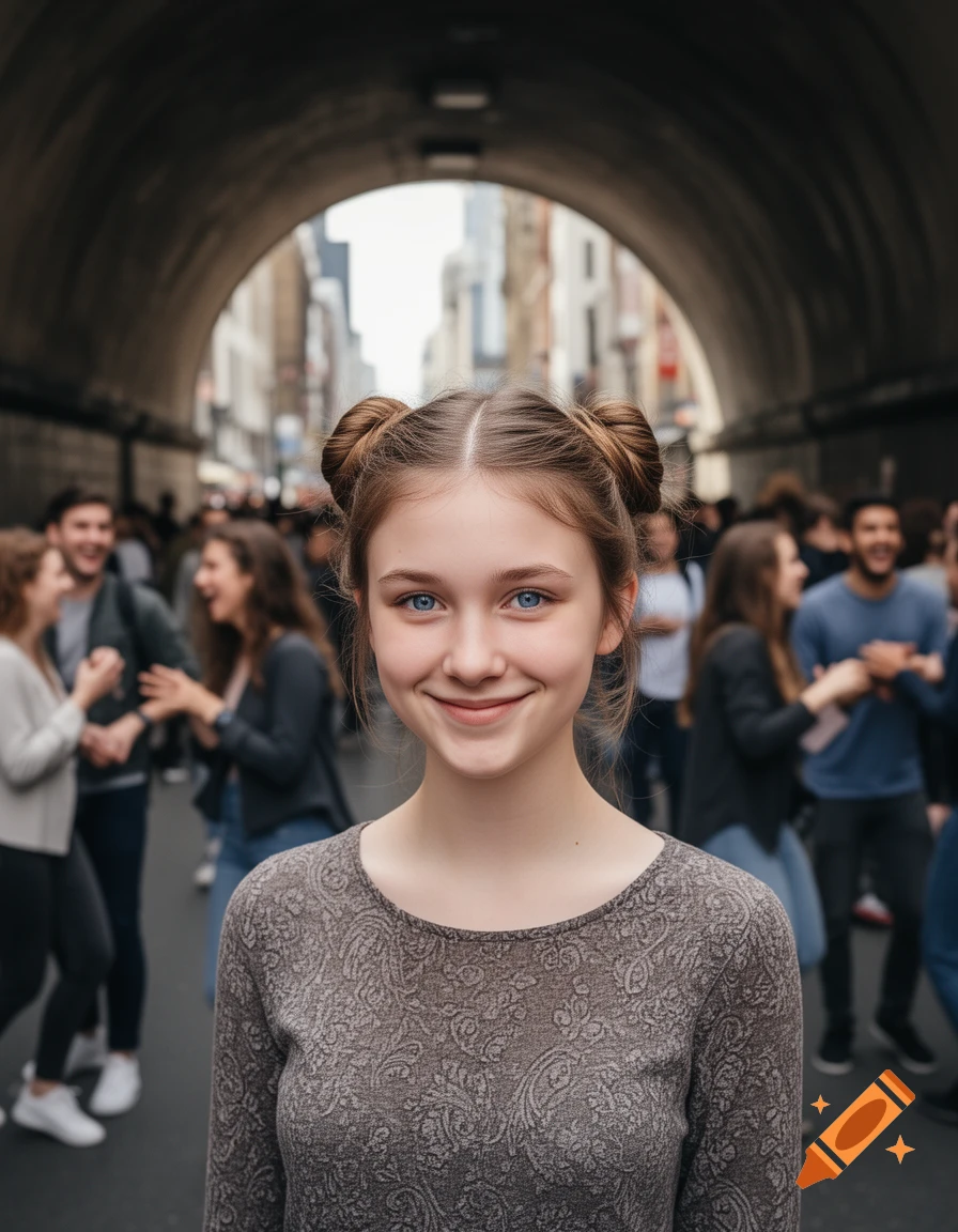 A young woman with blue eyes and light brown hair in two buns smiles, wearing a patterned top, in a busy street tunnel with blurred people.