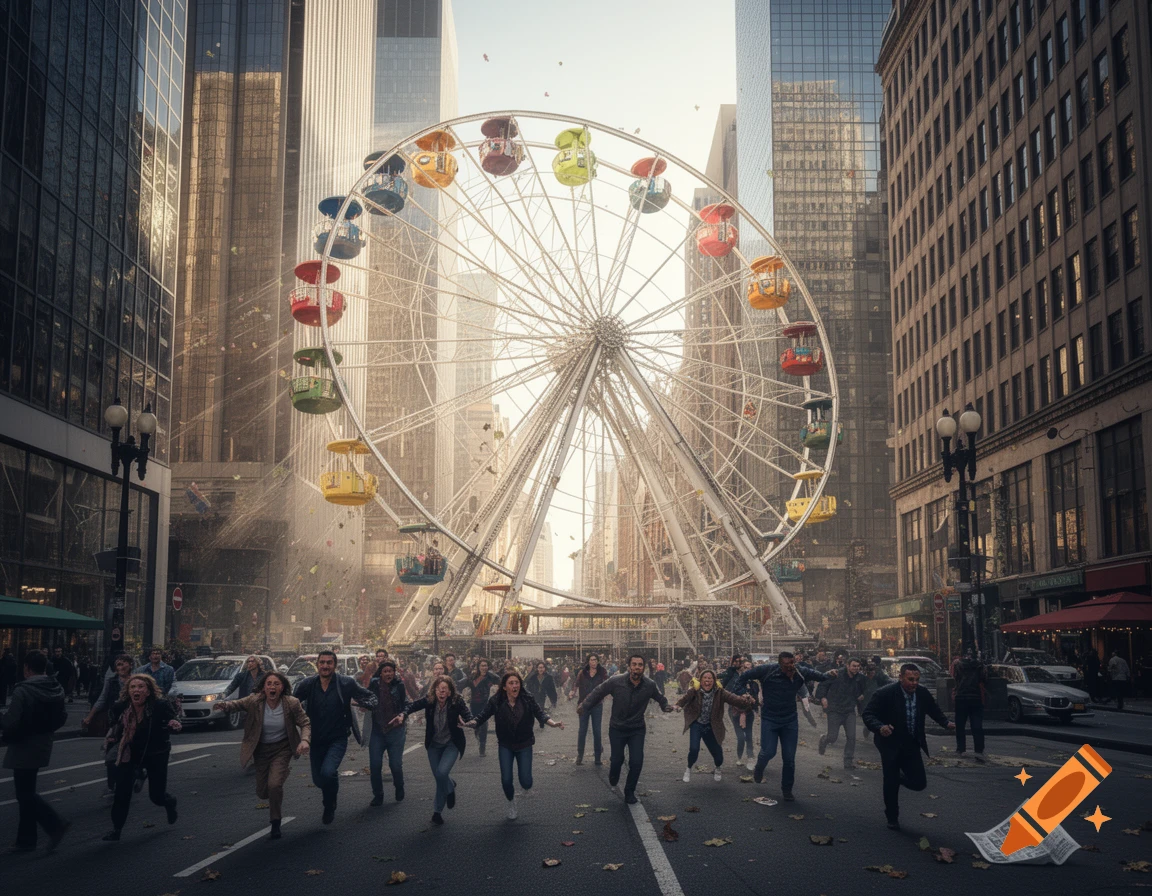 A large Ferris wheel looms over a chaotic city street with people running and debris flying, appearing photorealistic.