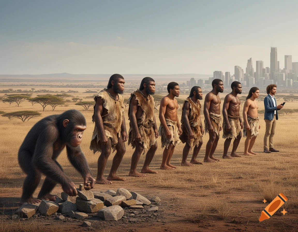 Photorealistic depiction of human evolution from an ape to a modern man holding a phone, on a savanna with a city skyline.