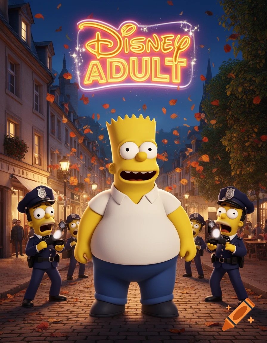 3D animated movie poster featuring a large Bart Simpson on a cobblestone street surrounded by Bart-like police, with a neon sign 'Disney Adult' above.