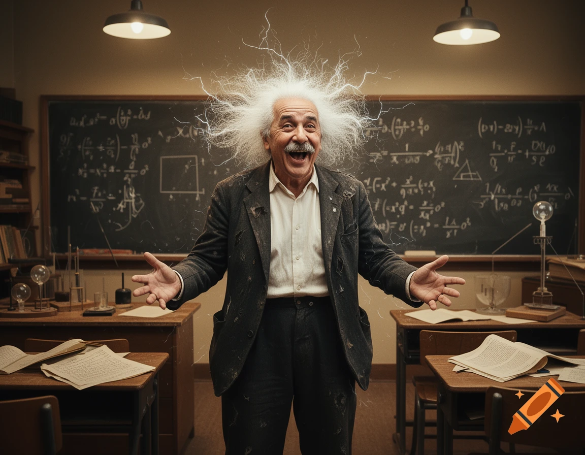 A man resembling Albert Einstein with wild, static hair and a crazy grin in a classroom with a blackboard full of equations. Photorealistic.