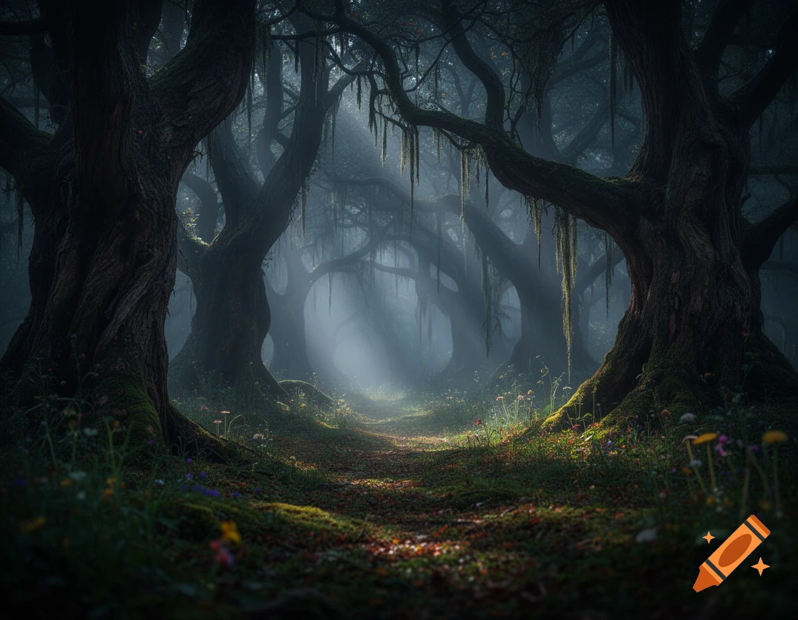 A misty, atmospheric path winding through a dark, enchanted forest with large moss-covered trees and sunbeams.
