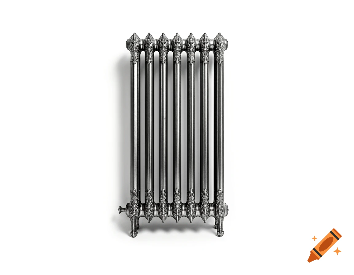 An ornate, dark metal radiator with decorative top and bottom accents stands against a clean white background.