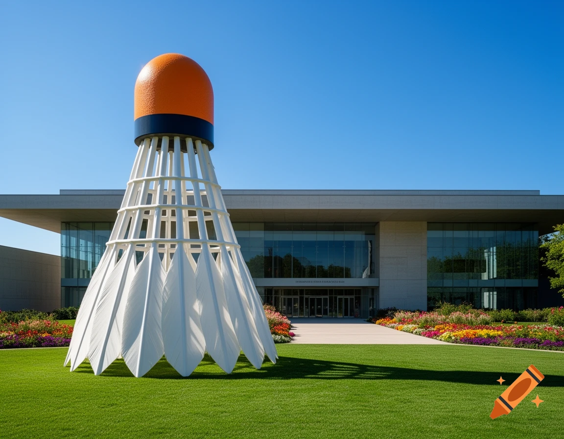 A giant orange and white shuttlecock sculpture stands on a green lawn in front of a modern museum building with large windows and colorful flowerbeds.