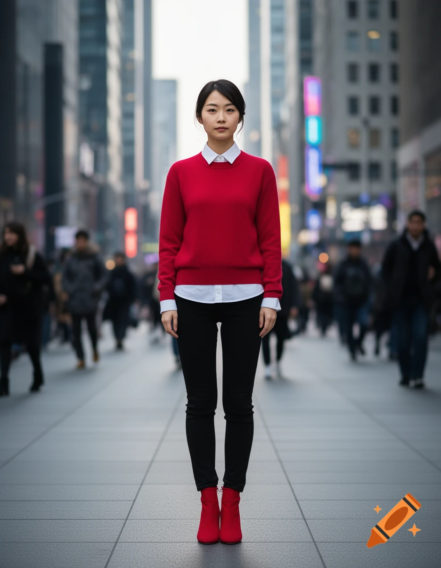 A Japanese woman wearing a red sweater, white shirt, black pants, and red boots stands in the middle of a blurred city street.