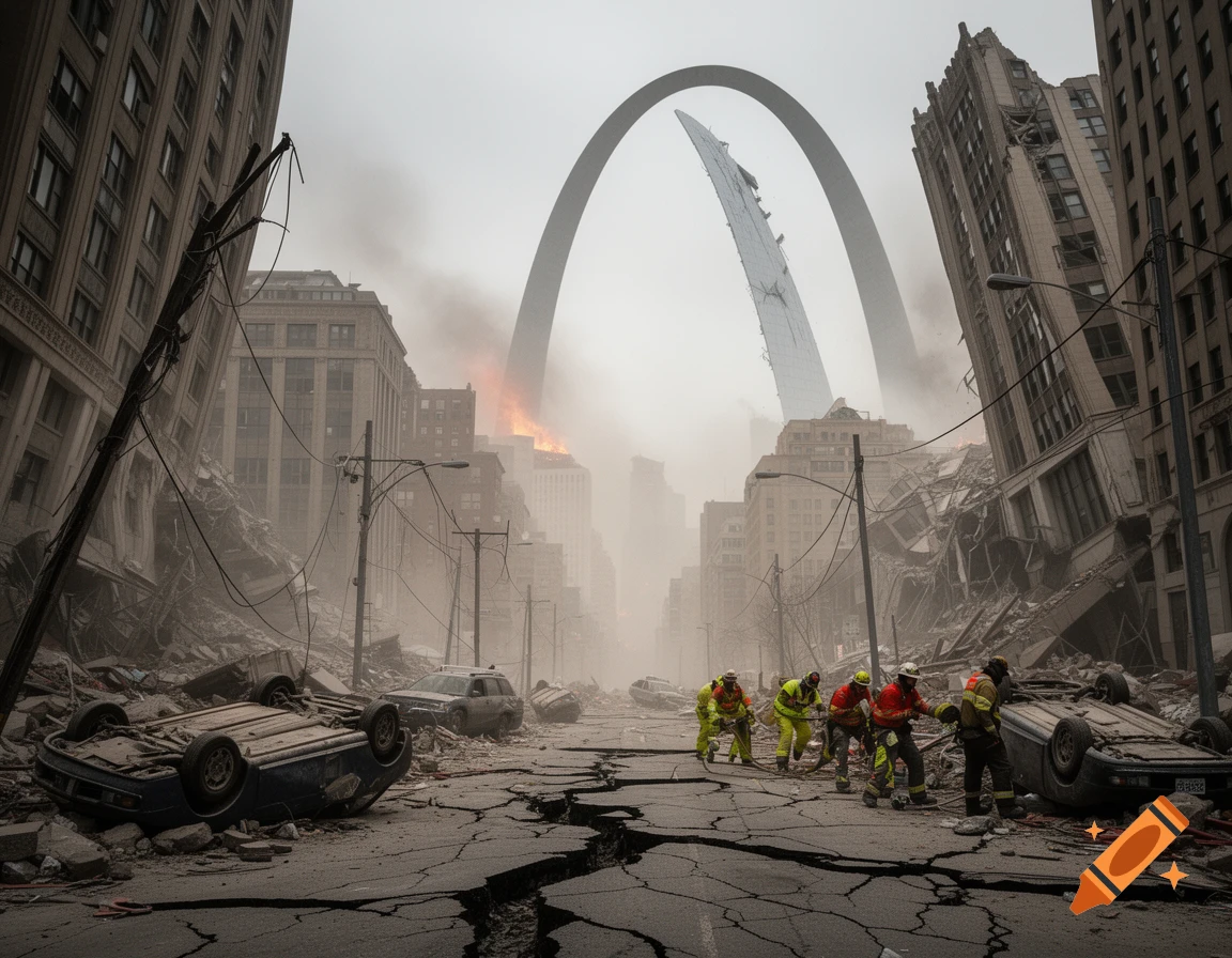 Photorealistic image of a city street after a massive earthquake, with collapsed buildings, rubble, overturned cars, and cracks in the road. Rescue workers are present, and the Gateway Arch is partially collapsed in the smoky background.