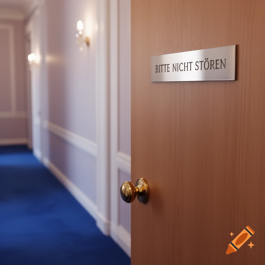 A close-up of a wooden door with a brass knob and a silver 'BITTE NICHT STÖREN' sign, with a blurred purple hallway and blue carpet in the background.