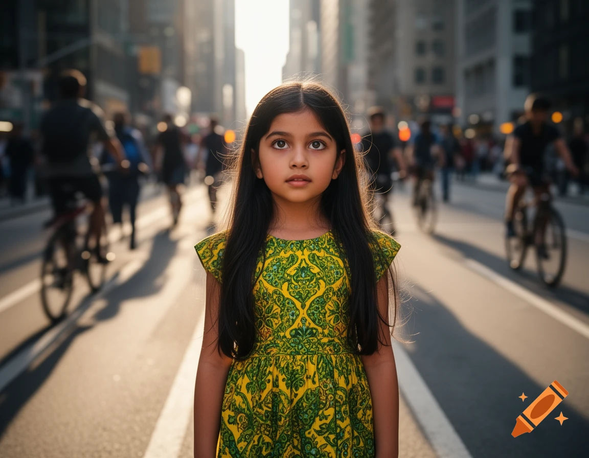 A young girl with long dark hair and a yellow-green patterned dress stands in the middle of a city street at sunset.