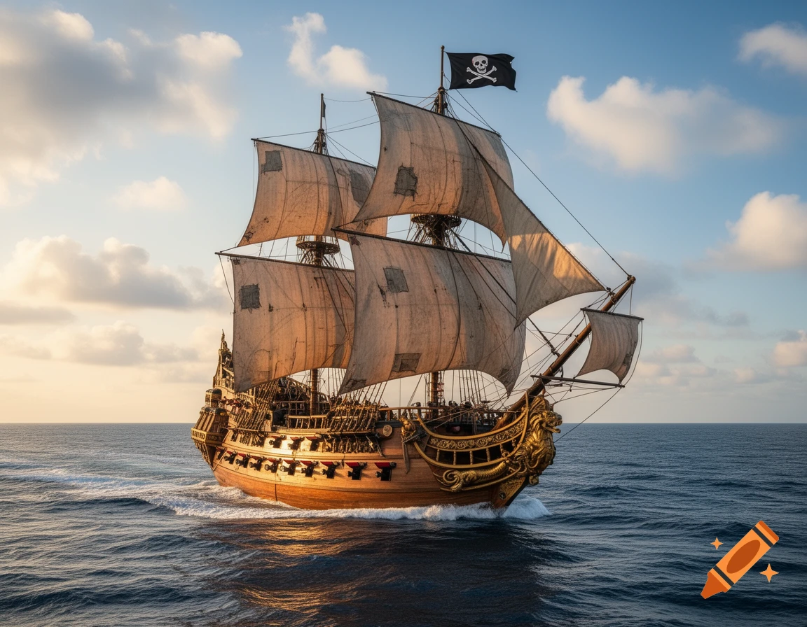 A majestic pirate ship with full sails and a Jolly Roger flag glides across a calm ocean under a partly cloudy sky.