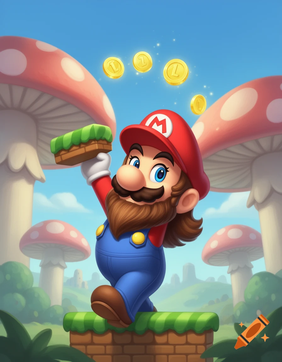 Bearded Super Mario with long hair holds a green block while standing on a brick platform, surrounded by mushrooms and floating gold coins.