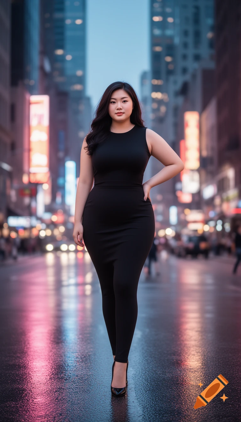A young Asian woman in a black dress stands on a wet city street at night, illuminated by colorful neon lights. Photorealistic style.