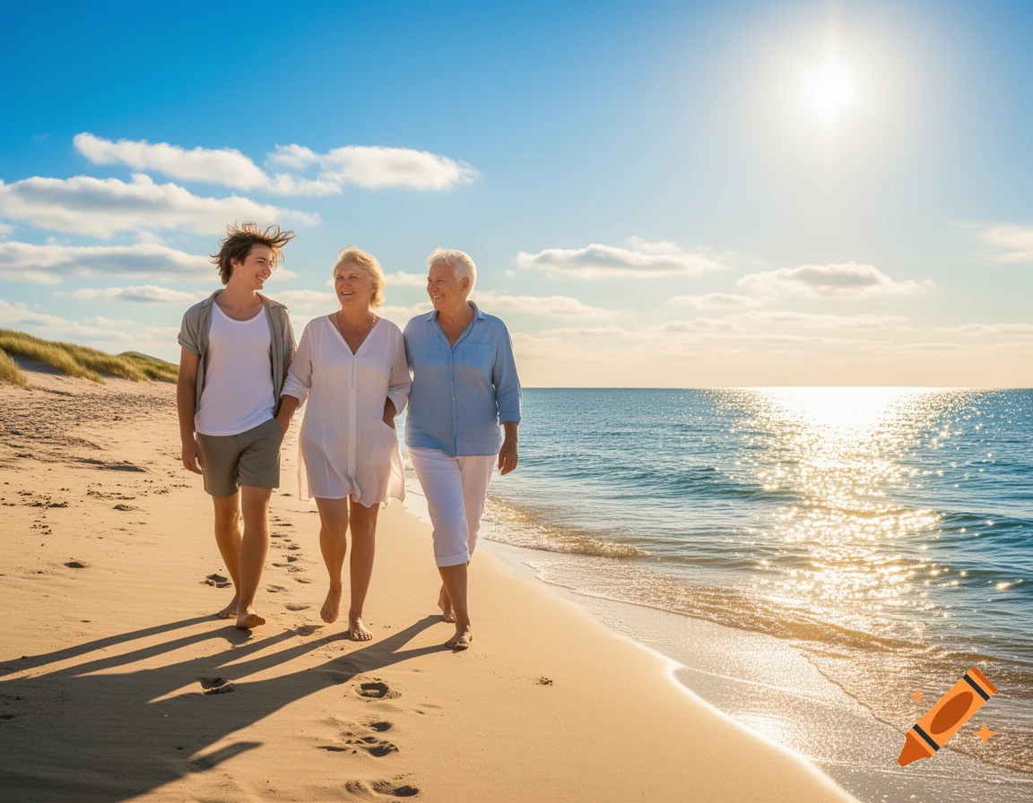 Three people, a young man and two older women, walk barefoot on a sunny beach alongside the ocean, leaving footprints in the sand.