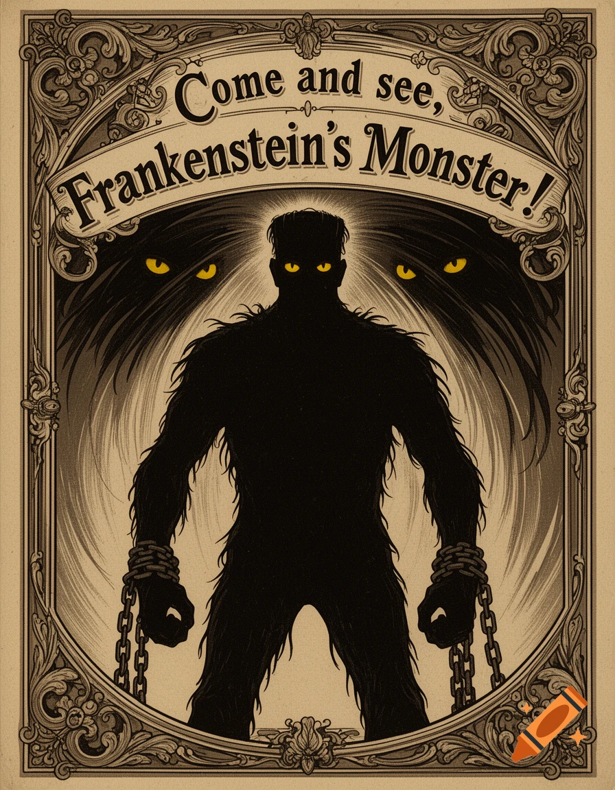 Vintage-style circus advertisement for Frankenstein's Monster, a black silhouette with glowing yellow eyes, in chains.