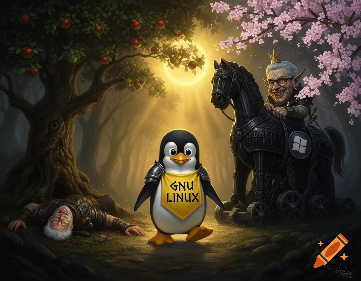 A fantasy artwork of Tux the penguin knight with a yellow 'GNU LINUX' tabard. A grotesque Bill Gates-like goblin king rides a Windows Trojan Horse, while a fallen Steve Jobs-like warrior lies under an apple tree.