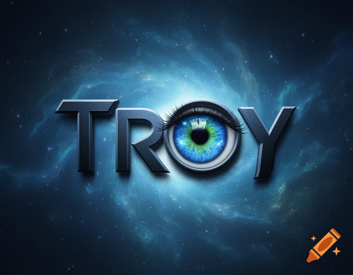 The word TROY with a green and blue human eye as the letter O, set against a dark blue starry nebula background.
