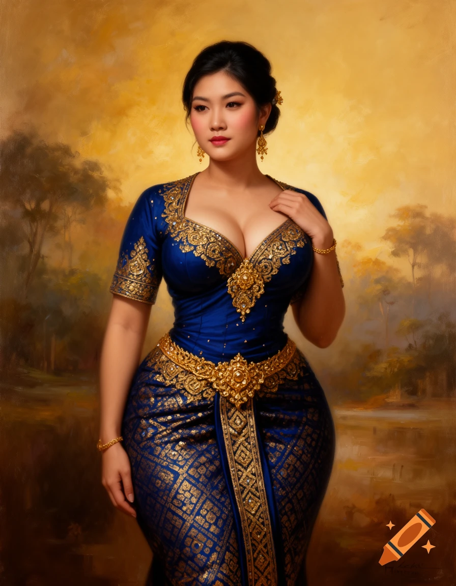 Painting of an Asian woman in a royal blue and gold traditional Burmese dress, with a warm, painterly landscape background.