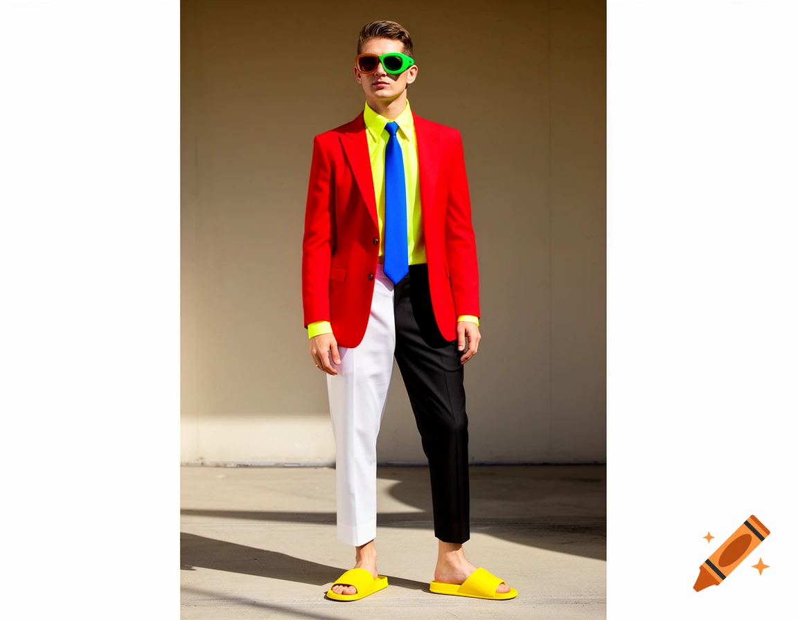 A man in a vibrant, color-blocked suit: red blazer, yellow shirt, blue tie, white and black split pants, green and orange sunglasses, and yellow slippers.