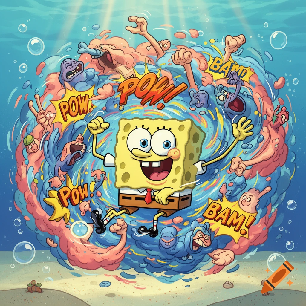 SpongeBob SquarePants smiling amid a colorful, swirling underwater 'fight cloud' with 'POW!' and 'BAM!' text, in a vibrant cartoon style.