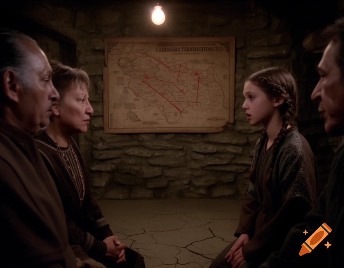 Four people, including a young girl with braided hair, sit in a dimly lit, stone-walled room, looking at each other. A map with red lines and text is on the wall behind them.