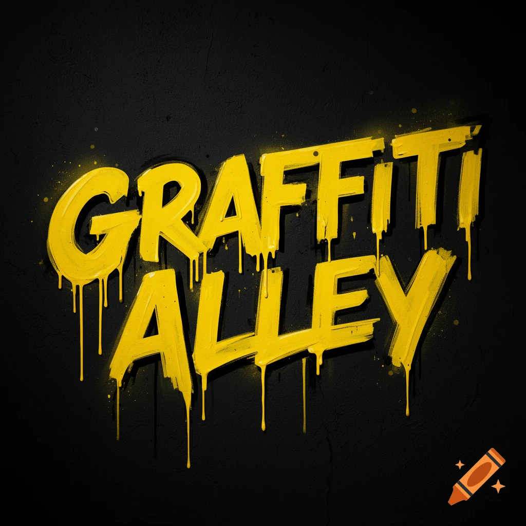 Yellow dripping graffiti text 'GRAFFITI ALLEY' on a black background with spray paint splatters.