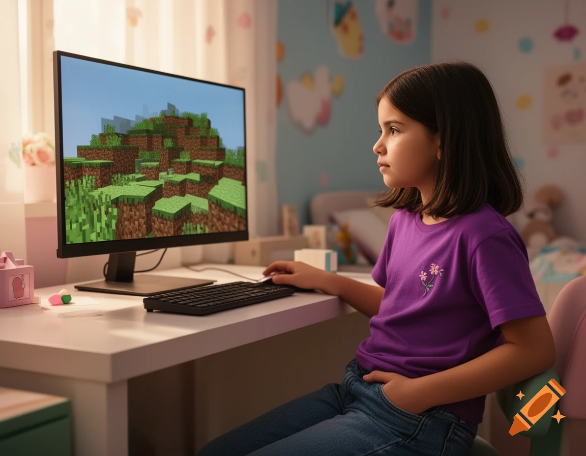 A young girl with dark hair sits at a desk in her cozy bedroom, focused on playing Minecraft on a desktop computer. Photorealistic style.
