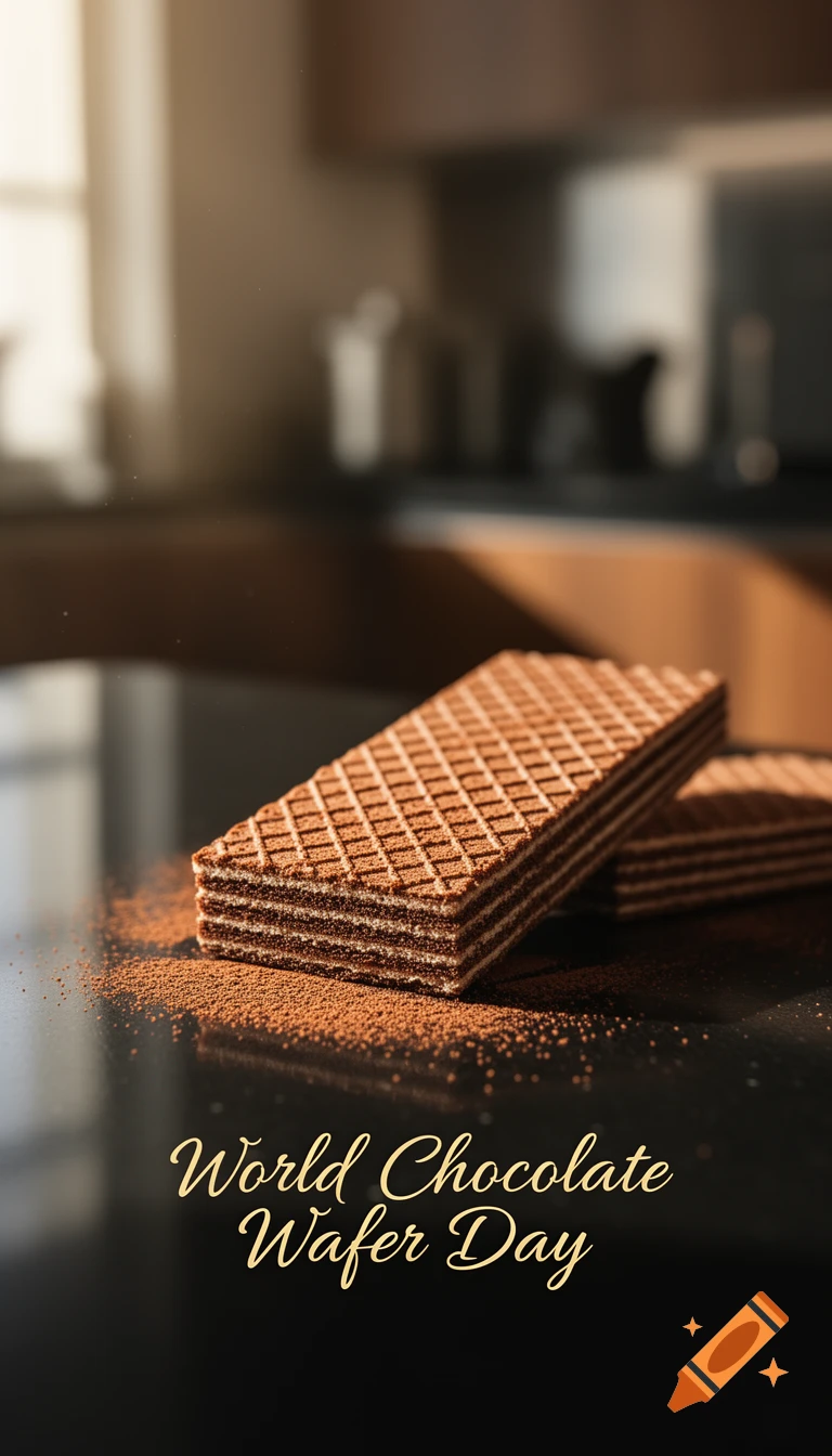 A photorealistic image of a stack of chocolate wafers covered in cocoa powder on a dark kitchen counter. The text says "World Chocolate Wafer Day".