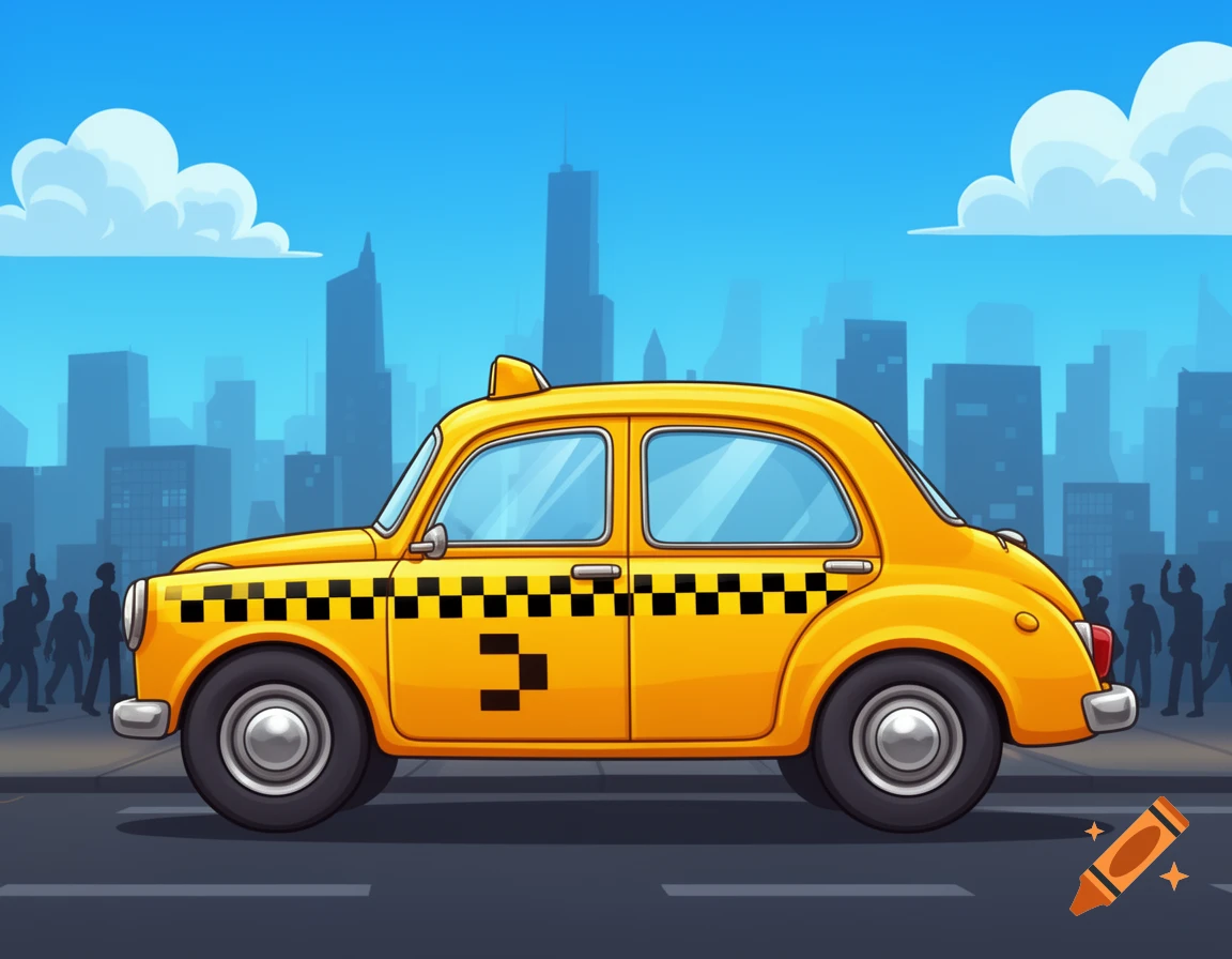 Side view of a yellow cartoon taxi with a black and white checkerboard stripe, in a city with blue skyscrapers under a bright sky.