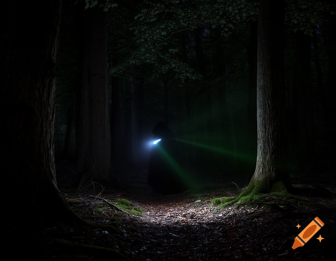 A shadowy figure walks through a dark forest at night, emitting a blue and green light from its chest area, illuminating the path.